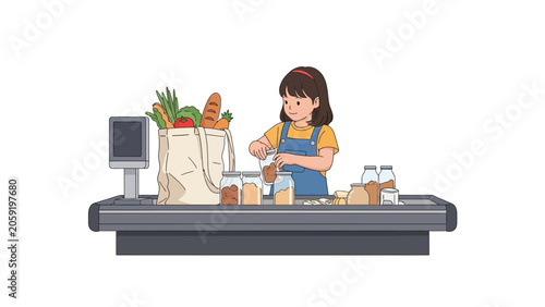Young Girl Shopping at Zero Waste Grocery Store with Reusable Jars and Eco-Friendly Tote Bag Illustration