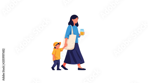 Minimalist Illustration of Mother and Son Walking Together with Tote Bag and Jar