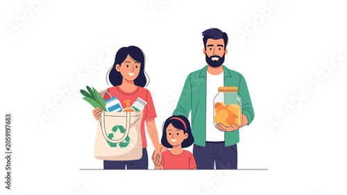 Family Zero Waste Shopping Illustration - Eco Friendly Lifestyle and Sustainable Groceries Concept