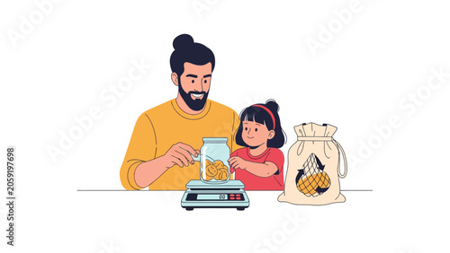 Father and Daughter Shopping at Zero Waste Store Weighing Bulk Food