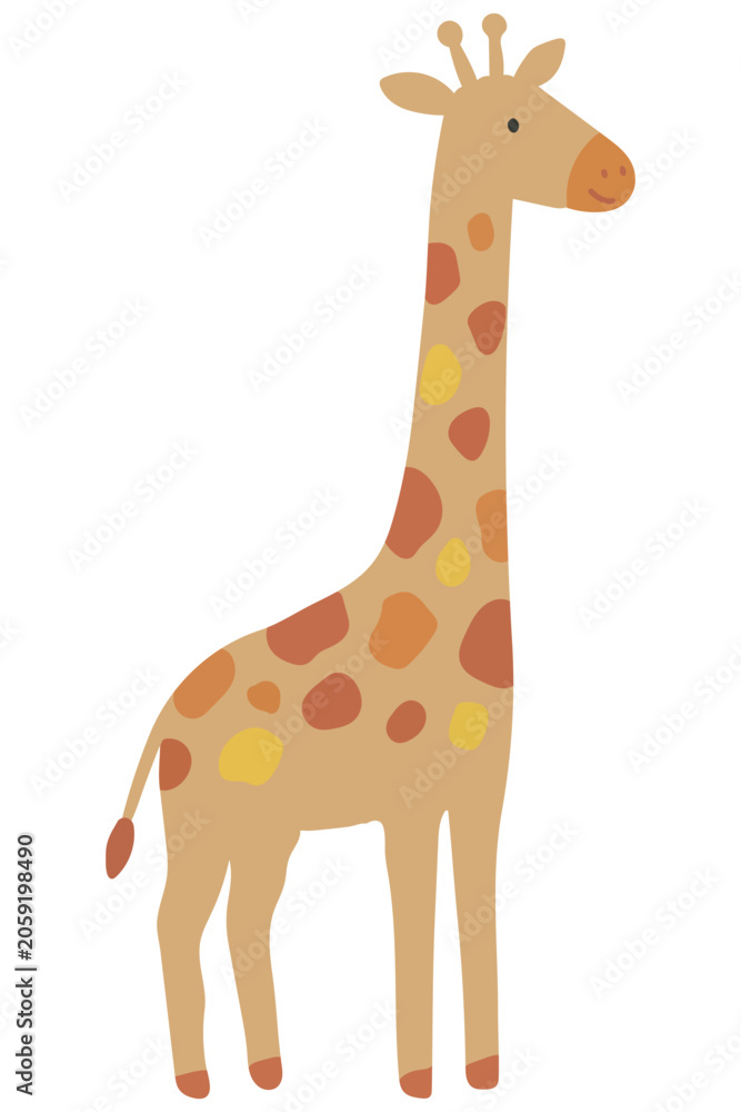 Fototapeta premium Cute cartoon giraffe with spots on white background, simple children's style