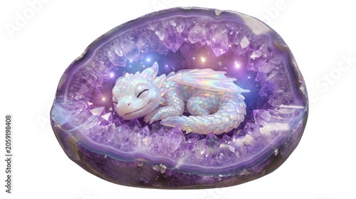 Little glowing dragon sleeping inside large purple amethyst geode. Fantasy creature curled up in crystal cave. Magical animal resting in mineral stone. Conceptual fairy tale illustration.