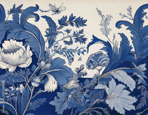 vintage french floral toile blue pattern