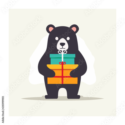 Black bear holding colorful gift boxes in flat design