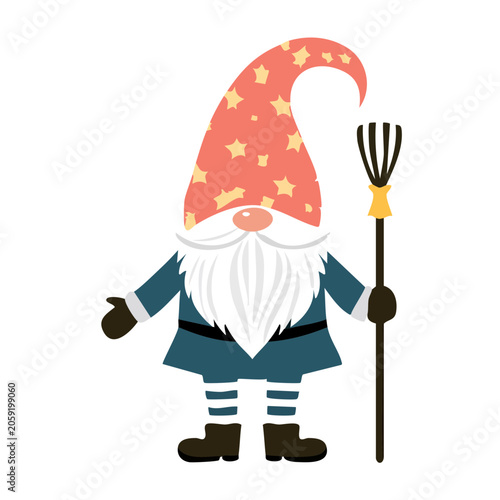 Cartoon gnome with starry hat and pitchfork