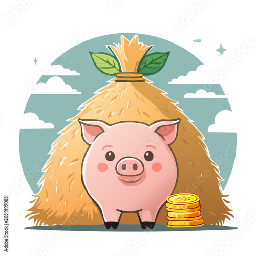 Cartoon pig with haystack and gold coins