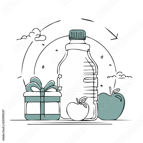 Flat design illustration of water bottle with gift and apples