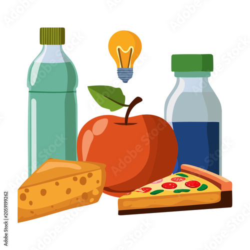 Flat design illustration of food, drinks, and light bulb
