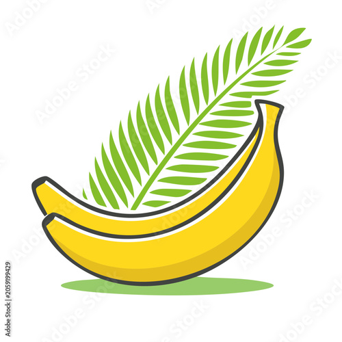 Yellow banana with green leaf flat illustration