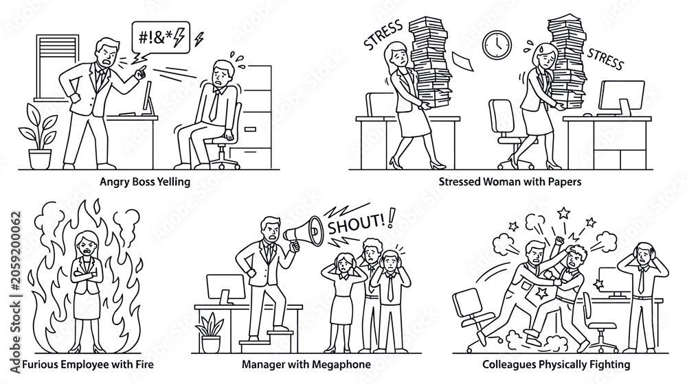 Fototapeta premium Office workplace chaos with angry boss yelling stressed employees and fighting colleagues.