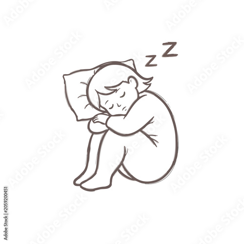 Child sleeping curled up with pillow