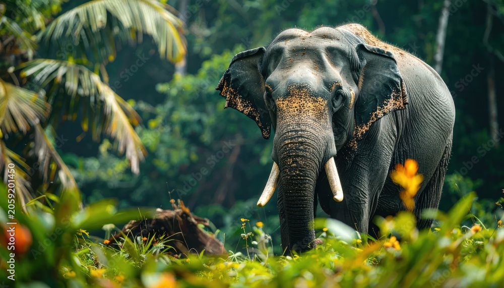 Fototapeta premium Majestic elephant in lush tropical environment, facing camera with imposing presence