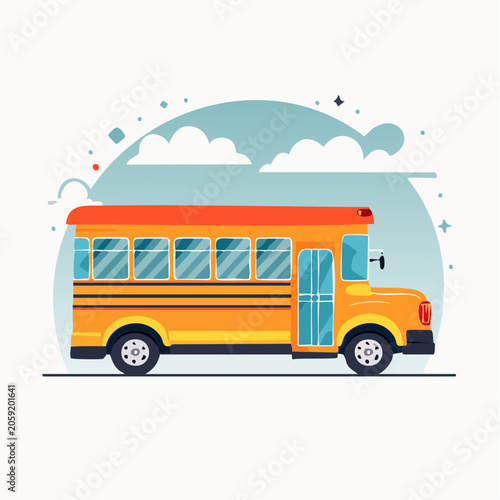 Illustration of a yellow school bus with clouds and stars