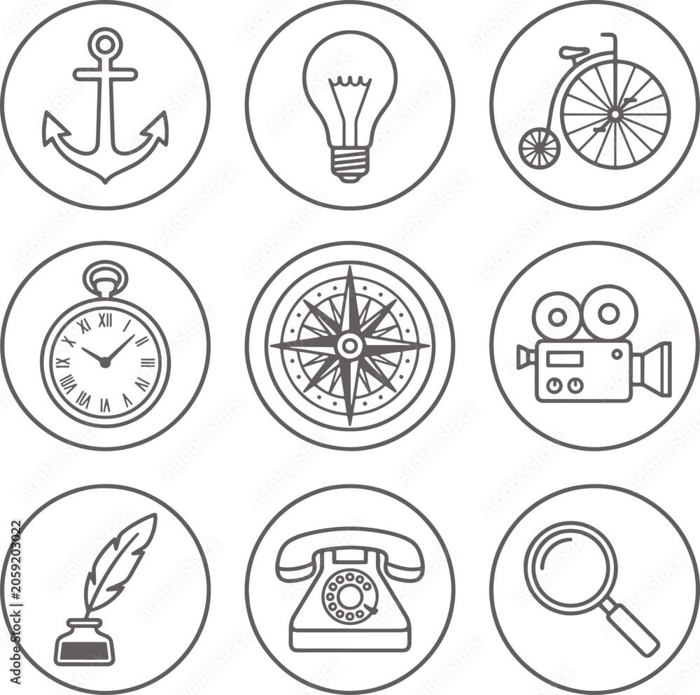 Fototapeta premium Set of vintage travel and communication in a circular line style isolated on a white background, for various projects