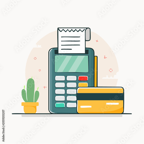 Credit Card Payment Terminal with Receipt and Cactus