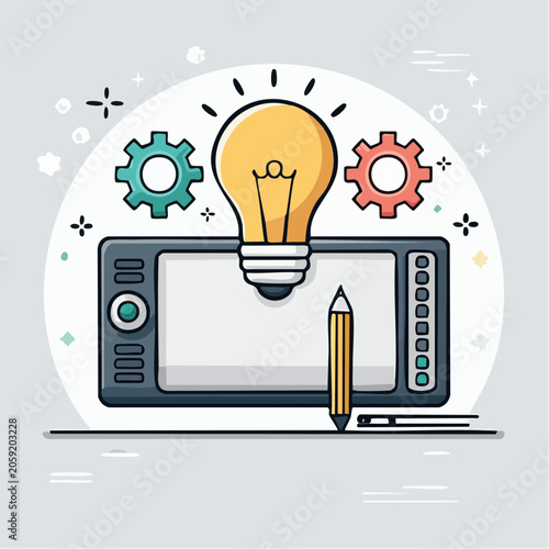 Digital Art Creation Concept with Lightbulb and Graphics Tablet