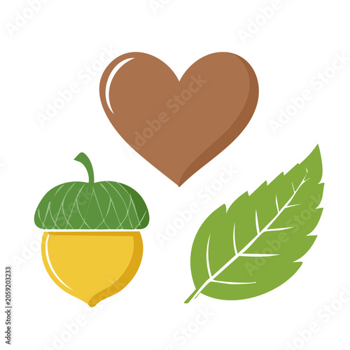 Flat design acorn leaf and heart illustration
