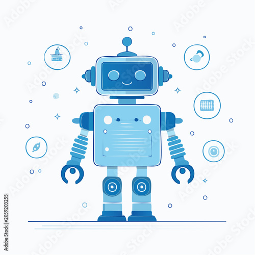 Friendly Blue Robot with Technology Icons