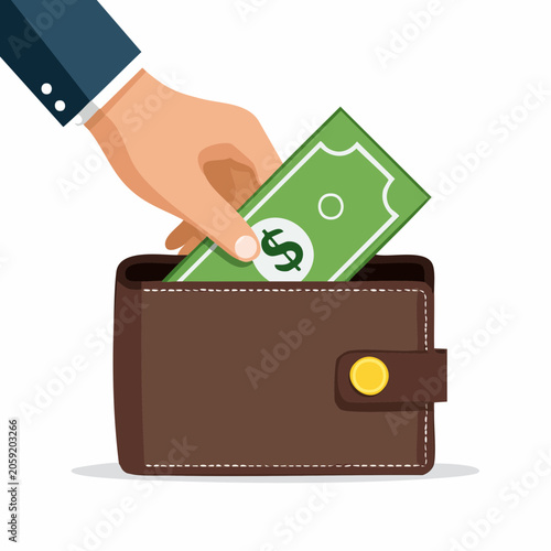 Hand putting dollar bill into wallet