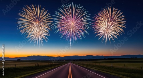 Spectacular fireworks erupt over a highway leading to distant mountains