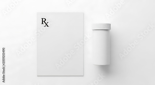 A white prescription pad and pill bottle on a white background