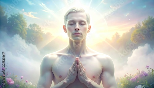 A serene man meditates, hands clasped, surrounded by light, clouds, and nature