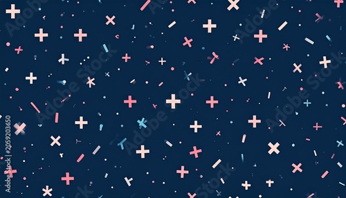 Abstract background with colorful cross and plus symbols on dark blue backdrop
