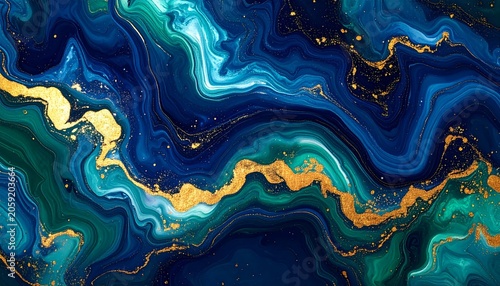 Abstract Blue and Gold Marble Texture with Smooth Waves and Glittering Details