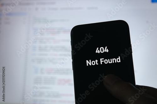 Secure technology and 404 Not Found on smartphone. Cyber security, protection and digital trust.