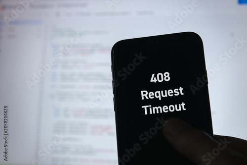 Secure technology and 408 Request Timeout on smartphone. Cyber security, protection and digital trust.