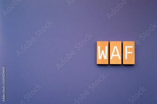 Secure technology and WAF on wood blocks. Cyber security, protection and digital trust.