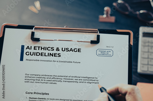 AI ETHICS & USAGE GUIDELINES: Realistic clipboard-up placed on  with clips, calculator, pen. Contributor-created fictional business document for illustrative purposes.