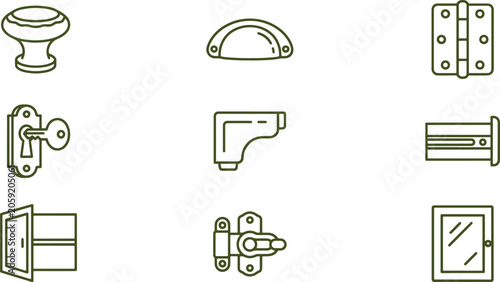 Set of furniture hardware including knobs, handles, hinges, and locks in a simple green line style on white background
