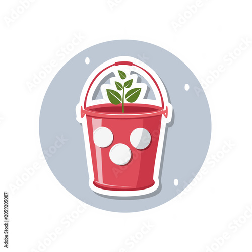 Red bucket with green seedling in flat design
