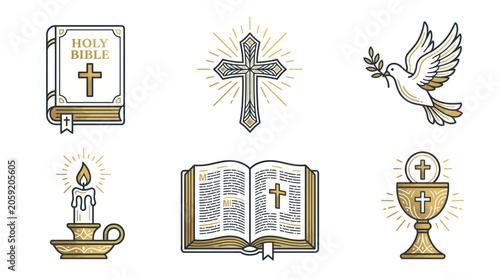 Canvastavla Christian Symbols Icons: Bible, Cross, Dove, Candle, Chalice