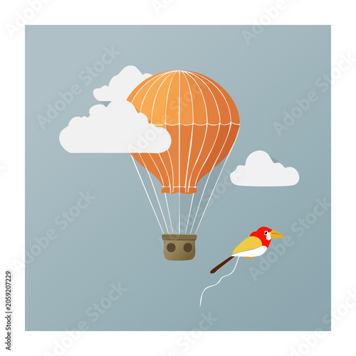 Hot air balloon and bird in flat design style