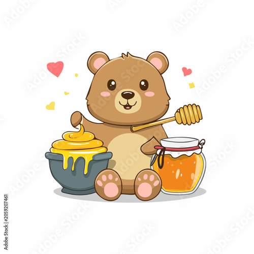 Cute cartoon bear with honey and dipper