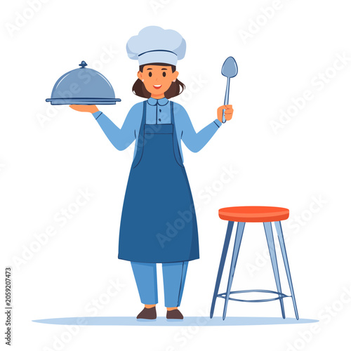 Female chef holding cloche and spoon illustration