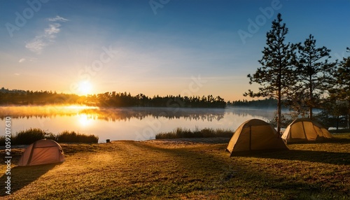 Early Morning Sunrise Over A Lake And Campground