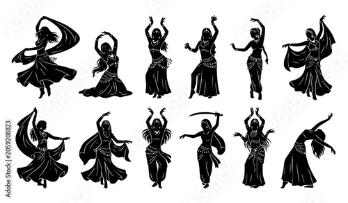 Schilderij op canvas Oriental dance and belly dancer vector silhouette set