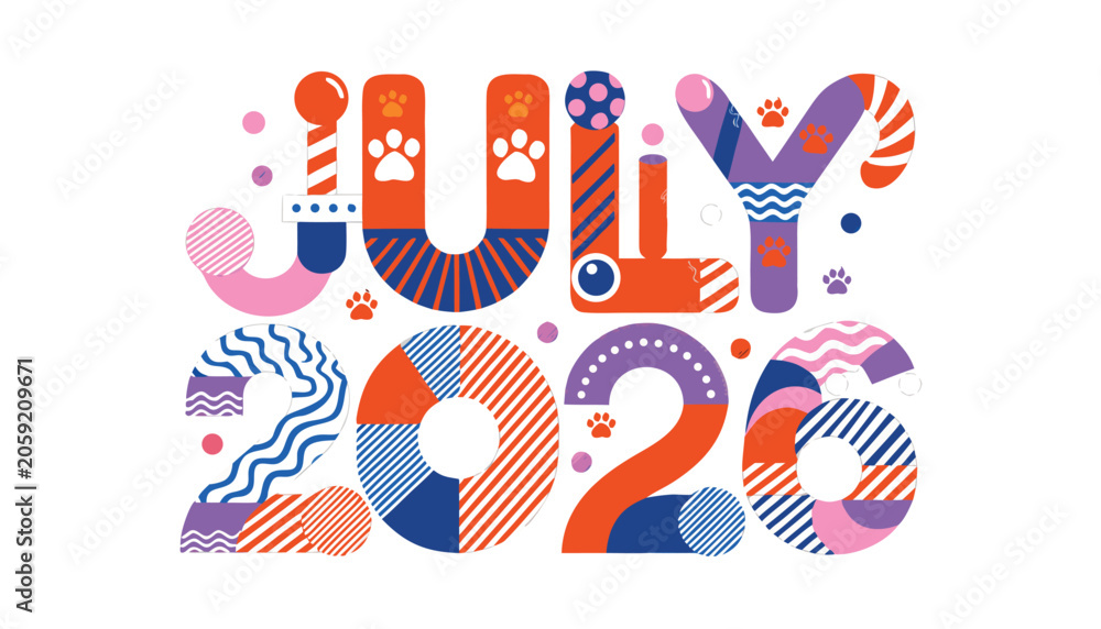 Obraz premium Colorful graphic typography design for the month of July 2026