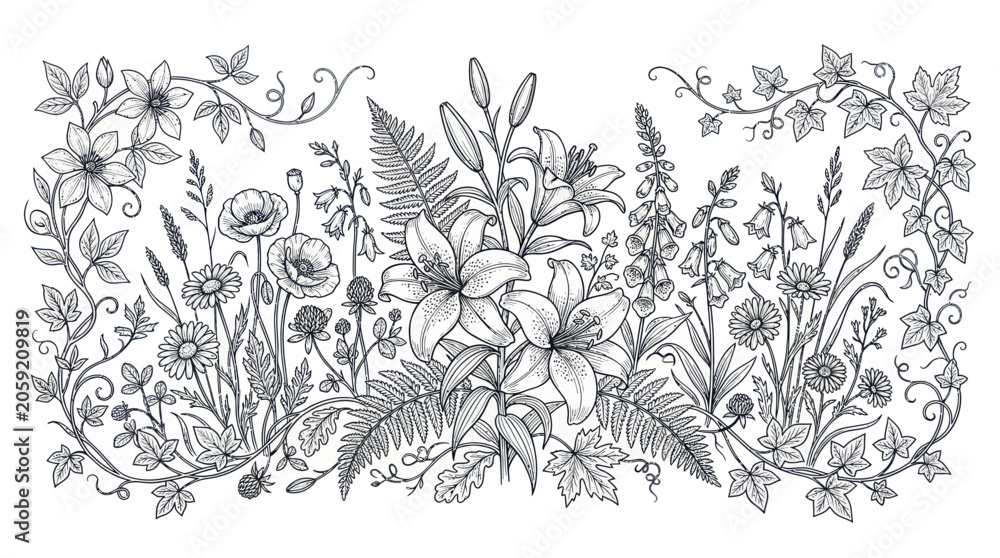 Fototapeta premium Hand-Drawn Botanical Illustration: Elegant Floral Arrangement with Leaves and Vines
