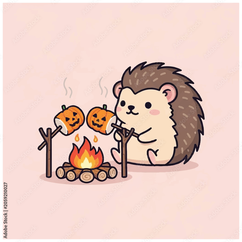 Naklejka premium Hedgehog roasting pumpkin on stick.