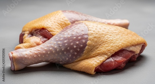 Premium raw duck legs with skin on, arranged artistically on a neutral background, highlighting fresh poultry texture for gourmet cooking, protein, butcher, farm