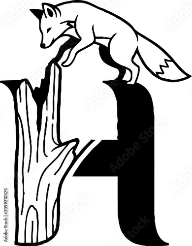 Fox perched on a stylized letter H design.