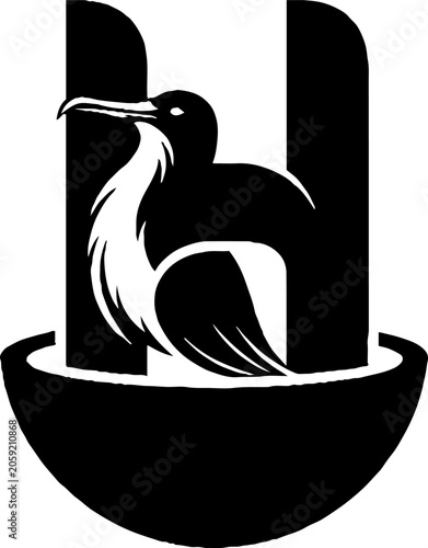 Black and white heron silhouette in bowl shape.