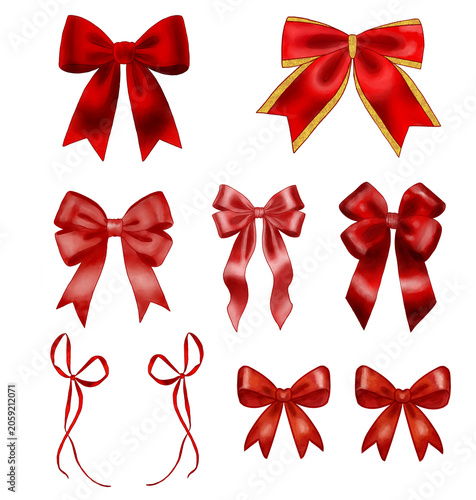 set of red bows. Hand Drawn Red  Bows Clipart Set Isolated on Transparent Background PNG, Decorative Ribbon Elements for Holiday Cards, Gift Tags, Invitations and Seasonal Designs