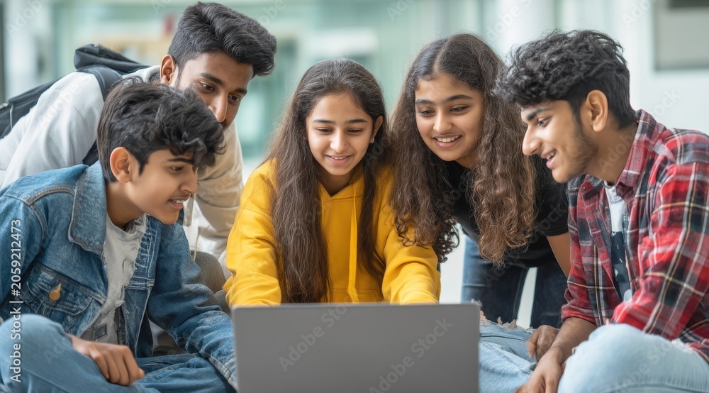 Fototapeta premium Diverse group of young students collaborating happily on a laptop computer indoors