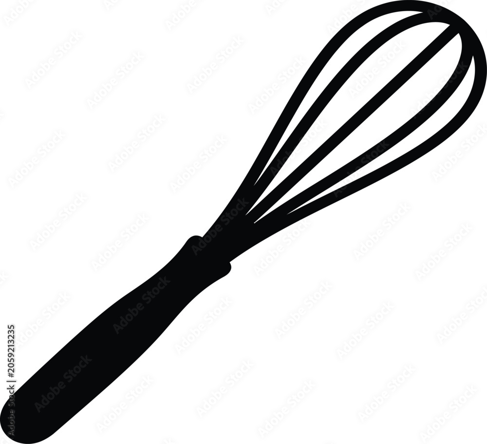 Obraz premium A simple black and white vector icon of a wire whisk kitchen tool, commonly used for blending, whipping, or incorporating air into food ingredients.
