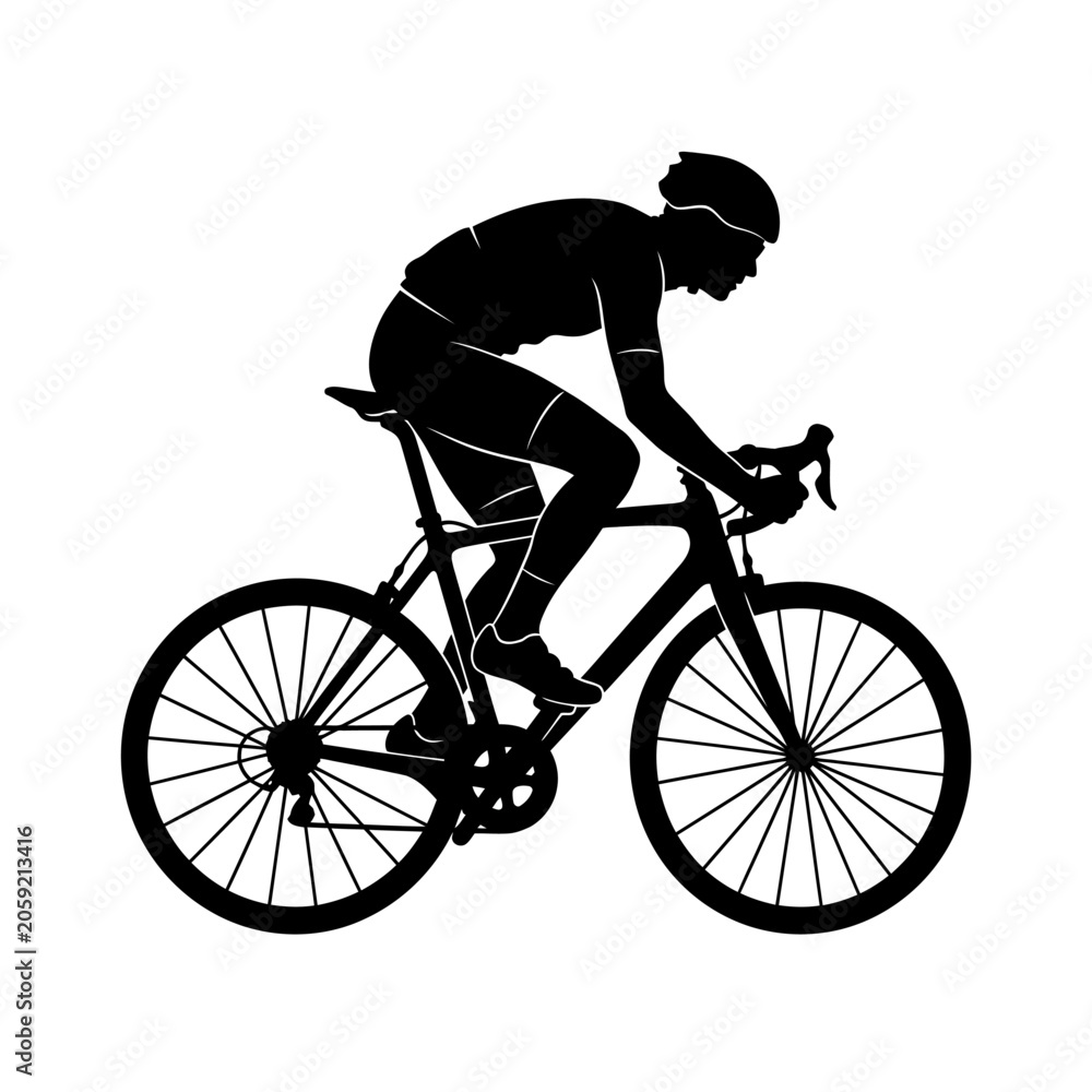Naklejka premium A clean, high-contrast black silhouette of a competitive cyclist riding a modern road bike, perfect for fitness, sports, and lifestyle branding.